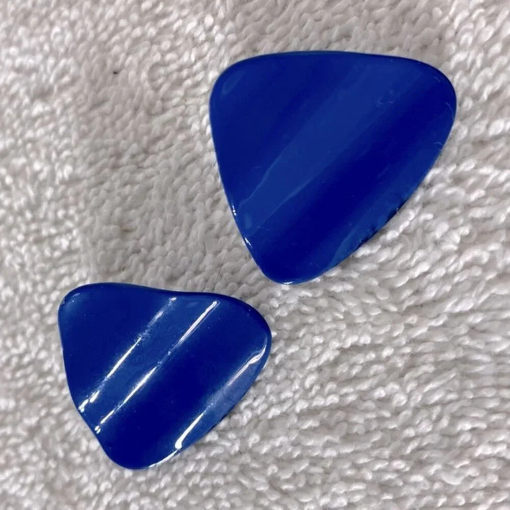 Vintage Blue Painted  Metal Rippled Triangle Pierced Earrings Costume Jewelry